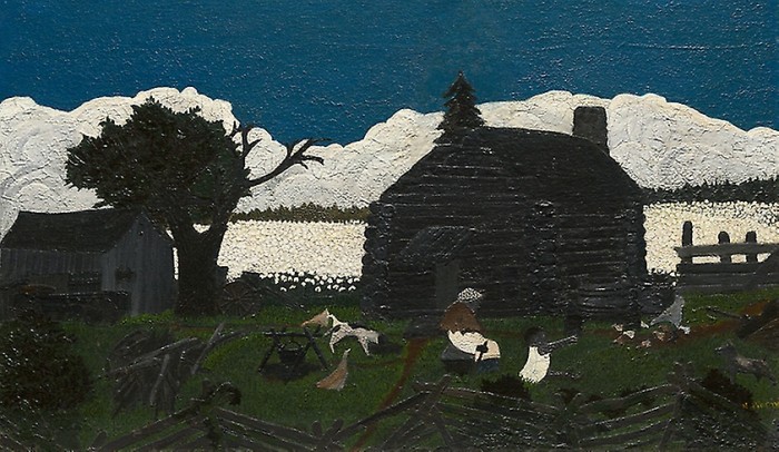 Painting of a cabin set below a dark blue sky and fluffy white clouds. Behind it is a field of many small white dots. In front, a dark-skinned woman sits and a dark-skinned child plays among roaming chickens and dogs in a fenced-in yard.
