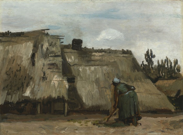 Painting of a dark female figure digging in front of a thatched roof structure. Its colors are muted, with a gray sky.