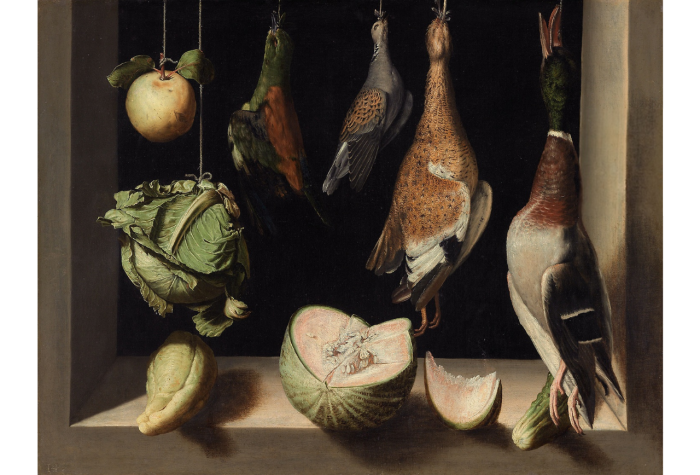 Still life painting of dead waterfowl and vegetables in windowsill.